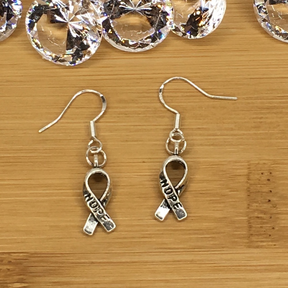 Ribbon Hope .925 Silver Hook Earrings - Picture 2 of 8